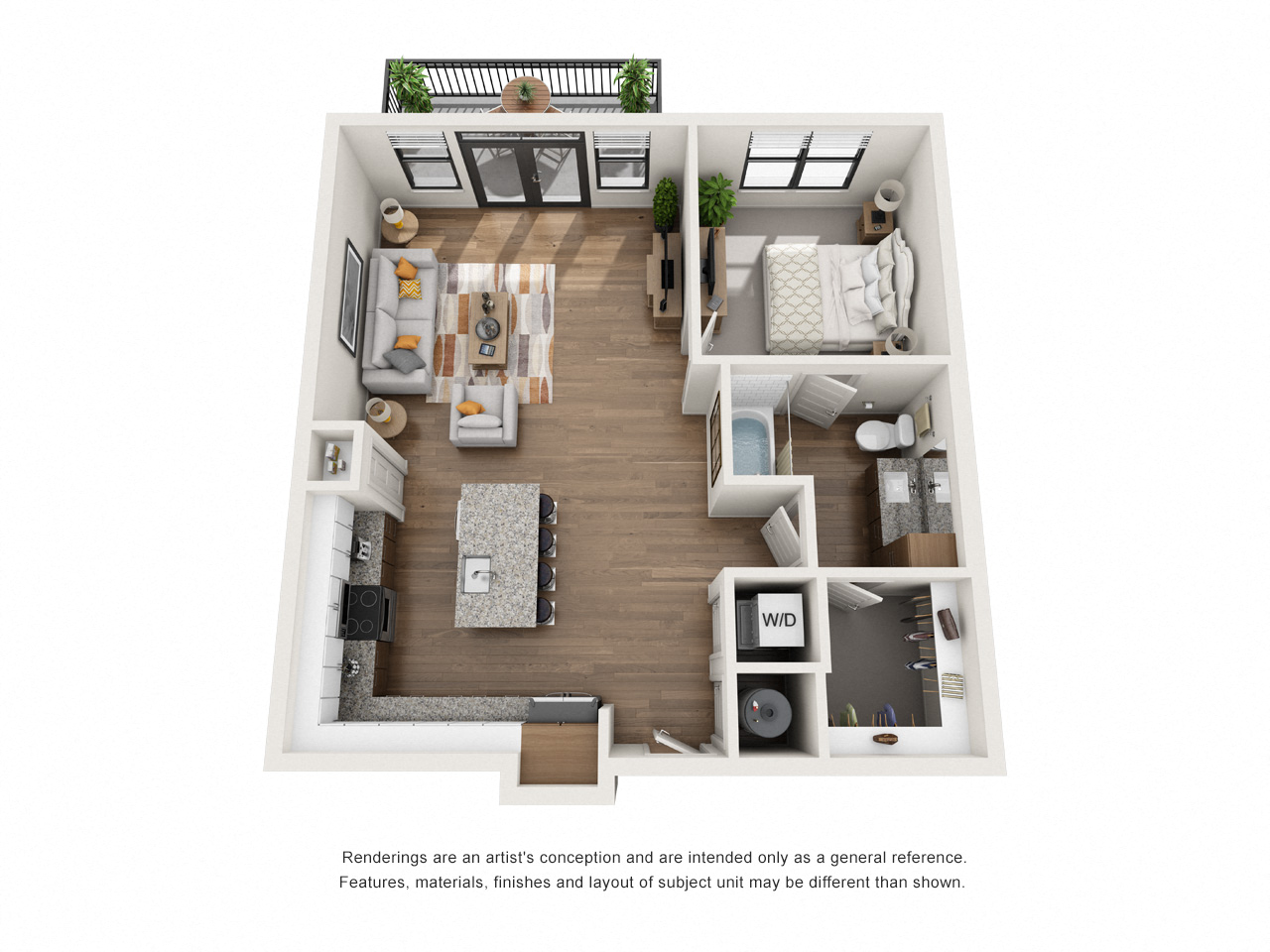 Floor plan for 1 bed, 1 bath, 852 sqft